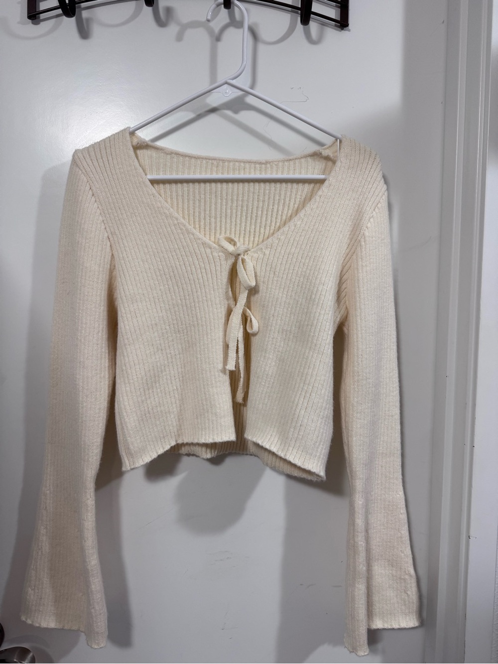 Cream Tie-Front Ribbed Women’s Sweater